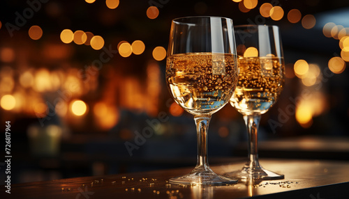 Luxury celebration  drink champagne  illuminated table  glowing glass  elegant party generated by AI