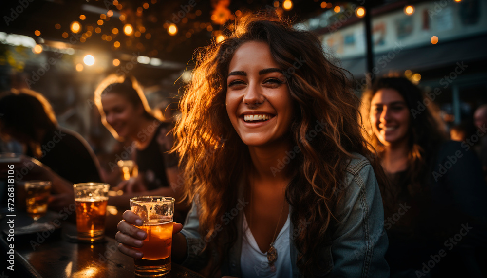 Young adults enjoying nightlife at a cheerful bar, smiling together generated by AI