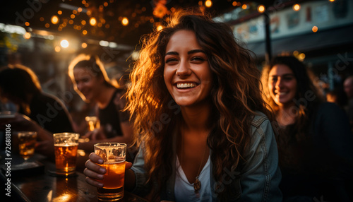 Young adults enjoying nightlife at a cheerful bar, smiling together generated by AI