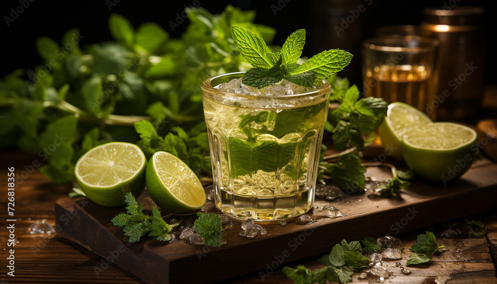 Fresh mojito cocktail with lime, mint leaf, and ice generated by AI Fresh mojito cocktail with lime, mint leaf, and ice generated by AI
