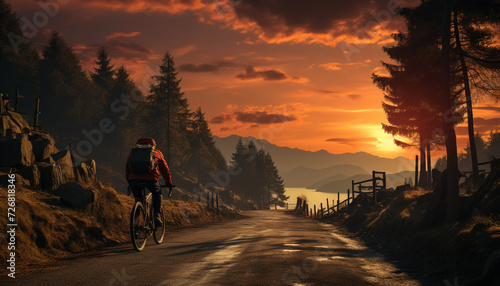 Men cycling in the mountain at sunset generated by AI