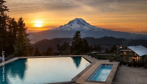 sunset with a pool and a view of mount baker photo