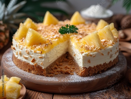 An irresistible pineapple and coconut cheesecake rests delicately on a wooden board. A creamy cheesecake with the sweetness of pineapple and the exotic aroma of coconut. photo