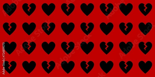Black hearts and broken hearts on red background pattern Valentine background vector photo
