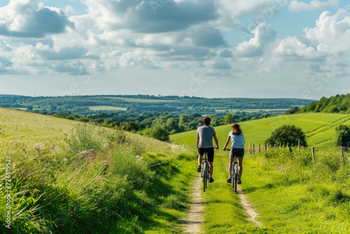 man and a woman cycling through picturesque countryside, enjoying the scenery © mila103