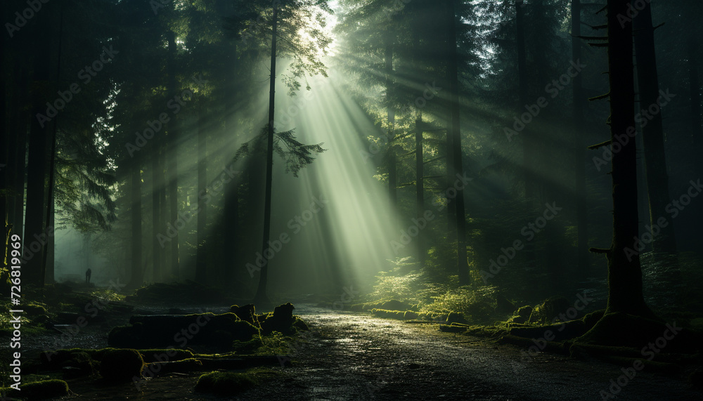 Obraz premium Mysterious fog blankets tranquil forest, creating spooky beauty generated by AI