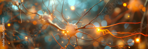 neuronal nerve cell with shining lights, generative AI photo