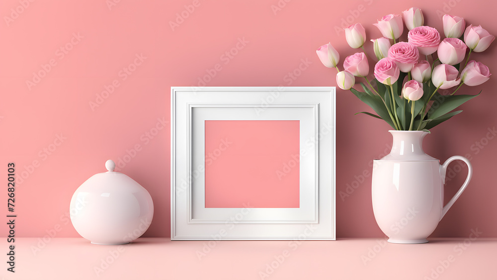 3D blank photo frame mockup isolated flower pastel background with space text for women's day and mother's day poster illustration