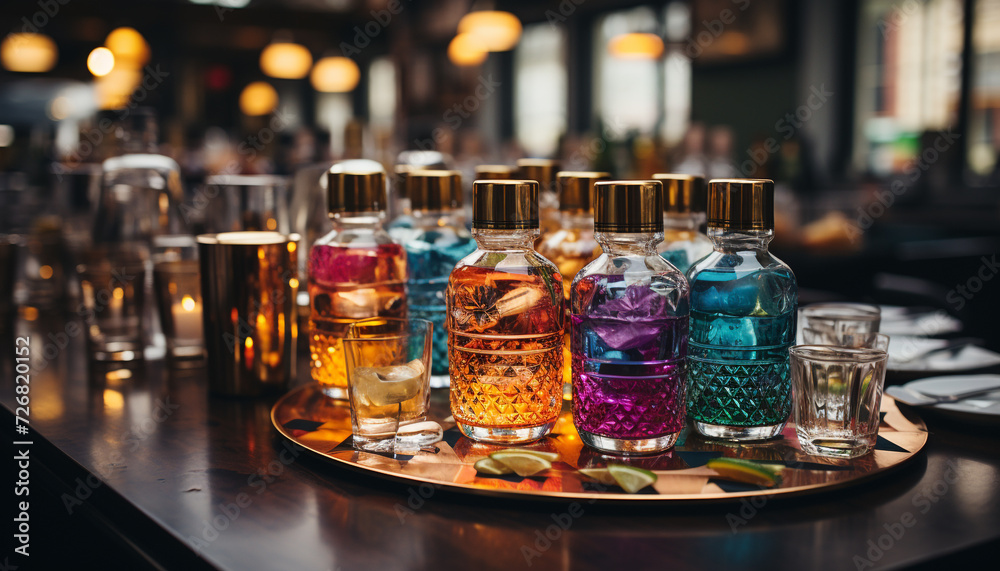 Aromatherapy candle illuminates a table with colorful whiskey bottles generated by AI Aromatherapy candle illuminates a table with colorful whiskey bottles generated by AI