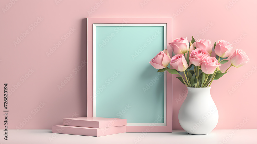 3D blank photo frame mockup isolated flower pastel background with space text for women's day and mother's day poster illustration 3D blank photo frame mockup isolated flower pastel background with space text for women's day and mother's day poster illustration