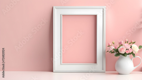 3D blank photo frame mockup isolated flower pastel background with space text for women's day and mother's day poster illustration