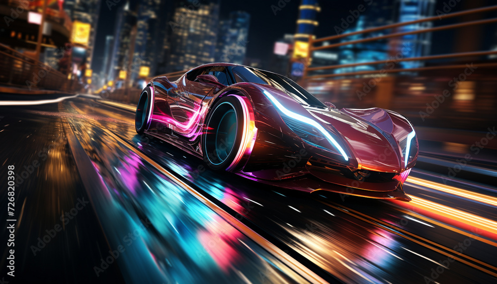 Blurred motion of modern sports car illuminates city nightlife generated by AI