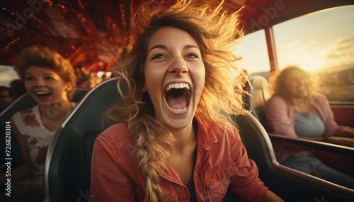 Young women enjoying a carefree road trip, laughing and smiling generated by AI © Stockgiu