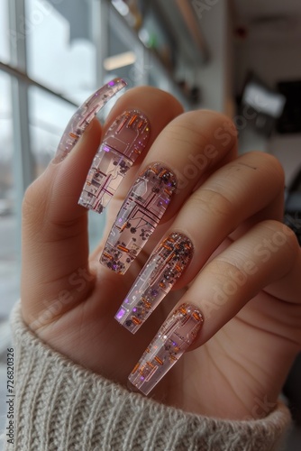 A woman's hand with really intricate holographic manicure. 