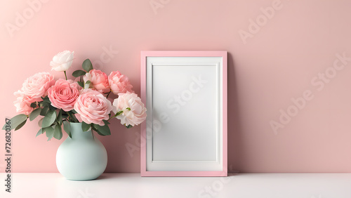 3D blank photo frame mockup isolated flower pastel background with space text for women's day and mother's day poster illustration © Jati