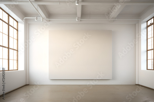  blank white canvas poster mockup on white wall on a empty white room with big windows, poster mockup , wooden floor