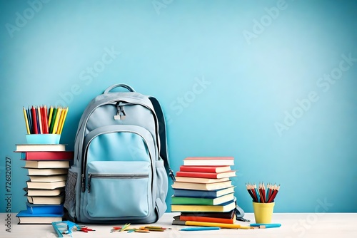 : Prepare for Academic Success with an Enriching HD Image Showcasing a Backpack Adorned with an Array of Essential School Supplies. The Thoughtful Composition Against a Serene Light Blue Background Cr