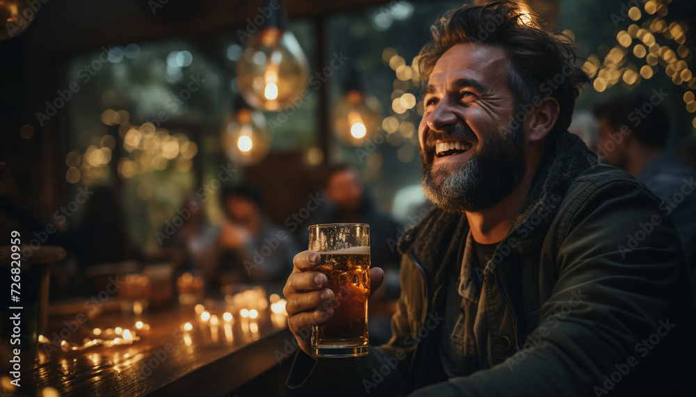 One man sitting at bar, drinking beer, enjoying nightlife generated by AI