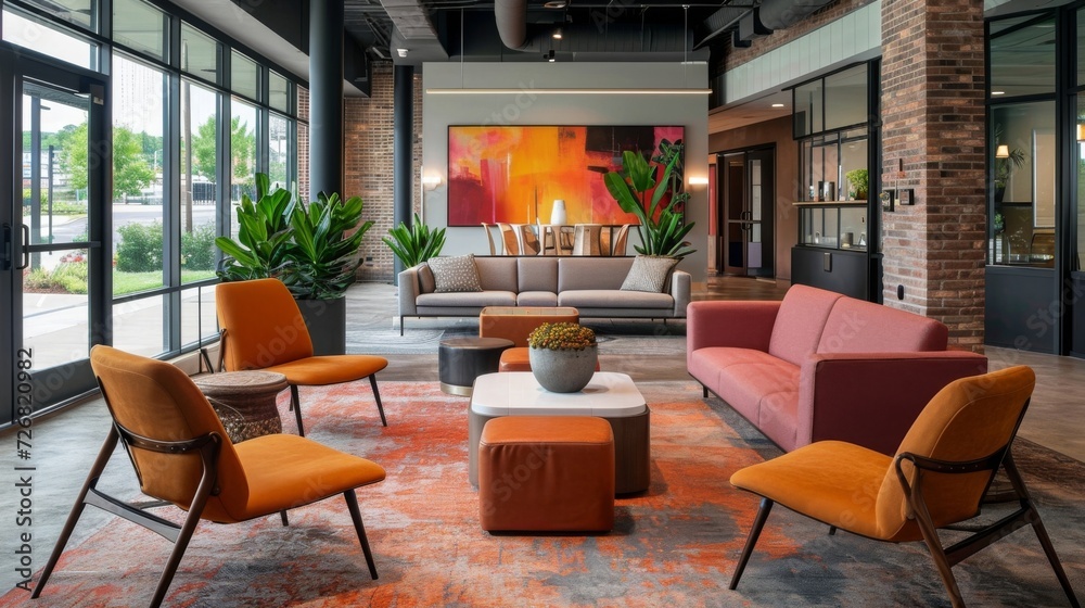 Relax and recharge in our lounge space featuring a mix of comfortable seating options including lounge chairs poufs and a communal sofa perfect for casual meetings or catching
