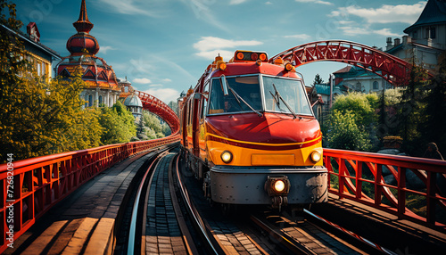 Old fashioned car speeds through city traffic, famous landmarks in view generated by AI