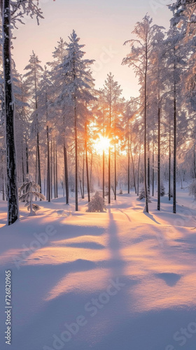 Sun Shining Through Snow-Covered Trees