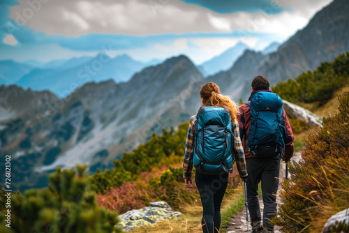 man and a woman hiking up a mountain trail, with backpacks on their shoulders