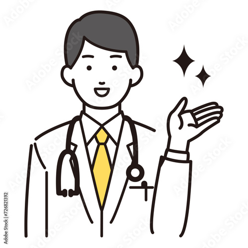右側を案内する白衣をきた男性イラスト