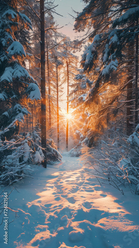 Bright Sunlight Filtering Through Snow-Covered Trees