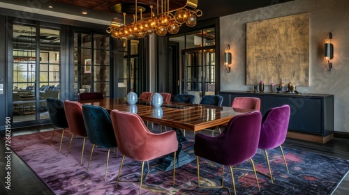 A mix of velvet and leather chairs in rich jewel tones surround a dark wood table creating a chic and retroinspired conference room perfect for client meetings.