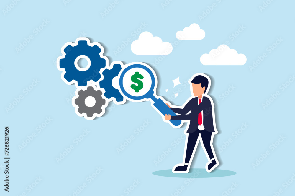 Enhancing cost efficiency, minimizing time for superior quality, optimizing expenses for a profitable strategy - a businessman maximizes profits with a magnifying glass on cog gear producing dollars. Enhancing cost efficiency, minimizing time for superior quality, optimizing expenses for a profitable strategy - a businessman maximizes profits with a magnifying glass on cog gear producing dollars.