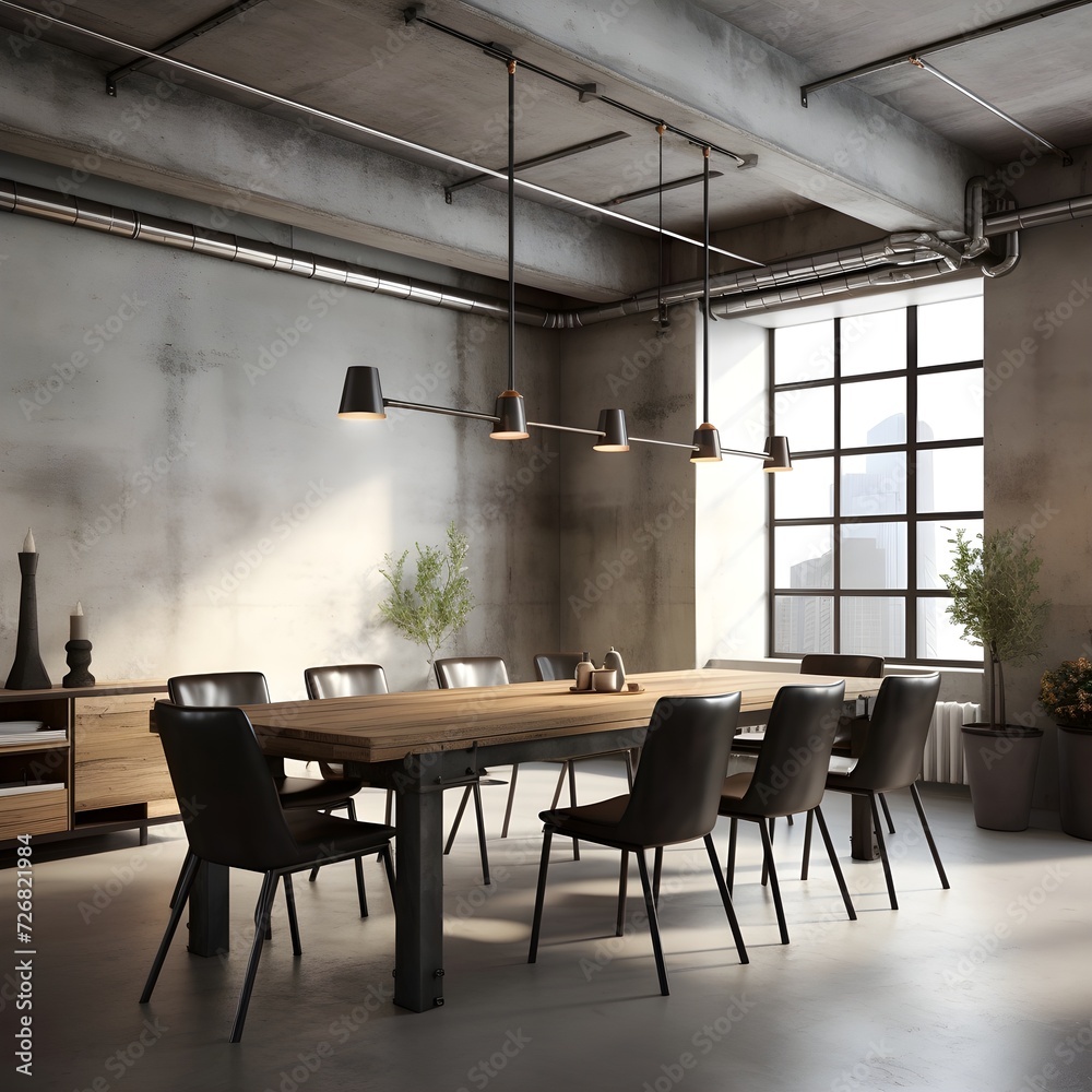 A dining room combining minimalist and industrial aesthetics. Picture exposed pipes, concrete floors, and sleek, simple furniture.