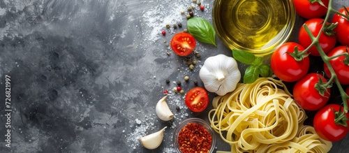 Ingredients, such as tomatoes, olive oil, and garlic, alongside uncooked pasta, displayed on a gray backdrop.