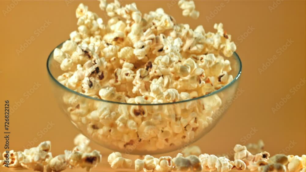 A bowl of popcorn falls on a yellow background. Filmed on a high-speed camera at 1000 fps. High quality FullHD footage A bowl of popcorn falls on a yellow background. Filmed on a high-speed camera at 1000 fps. High quality FullHD footage