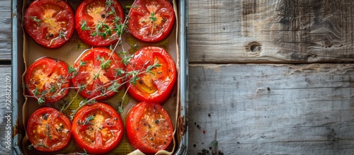 Preparing tomatoes for sun drying or roasting, cut tomatoes with thyme and olive oil, place on baking parchment in enamel tin, top view on wooden table.