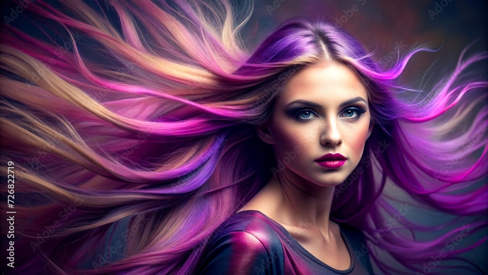 Portrait of a woman with bright colored flying hair, all shades of purple. Hair coloring, beautiful lips and makeup. Hair fluttering in the wind. girl with long hair styling