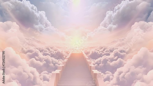Staircase or Path leading to heaven, the concept of enlightenment. Human stands in front of the Paradise gates photo