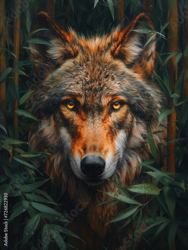 jungle shot, acrylic painting, Wolf facing camera, full body pose, focus on Wolf - generative ai
