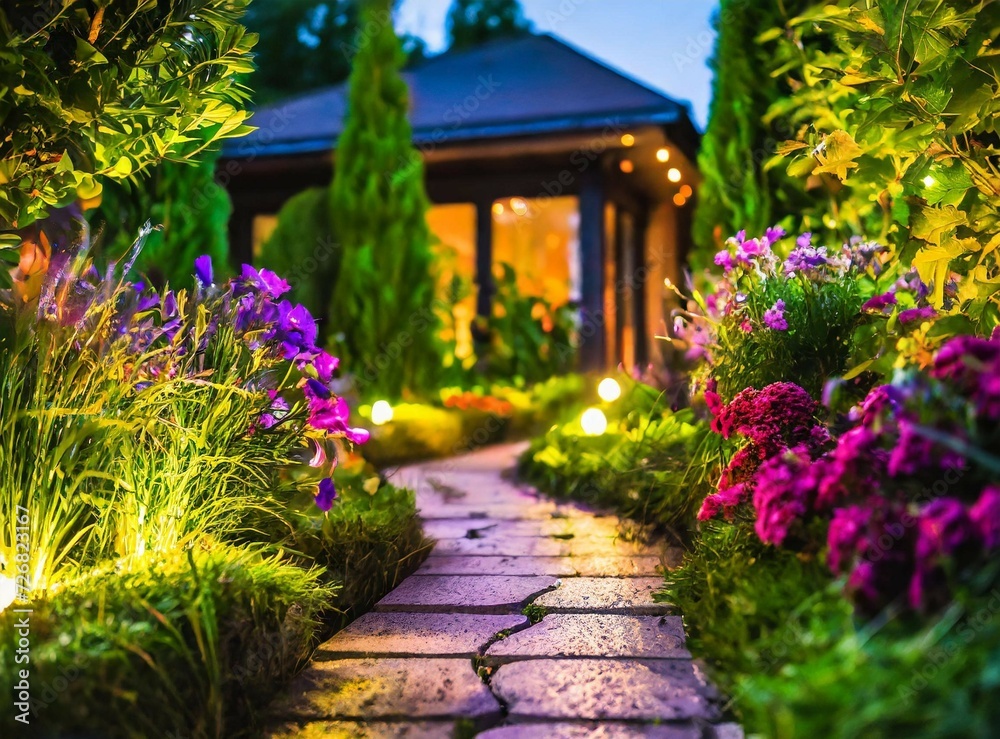 Modern gardening landscaping design details. Illuminated pathway in front of residential house. Modern gardening landscaping design details. Illuminated pathway in front of residential house.