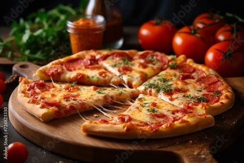 Tasty crispy cheese pizza with tomato sauce. Generative AI