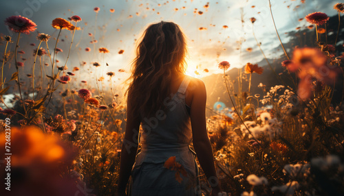 Young woman enjoying the sunset in a beautiful meadow generated by AI © Stockgiu