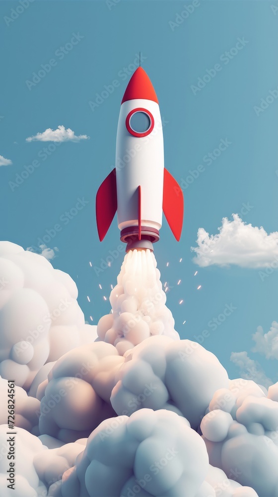 Red and White Rocket Soaring Into the Sky