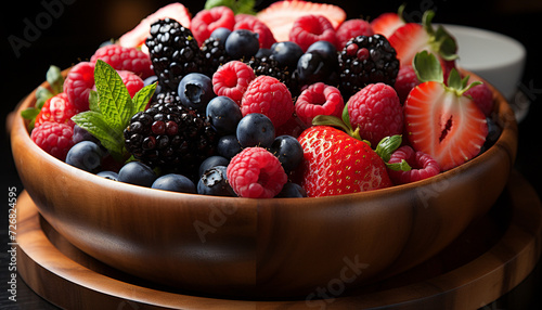 Fresh, juicy berries on wooden table, a healthy summer snack generated by AI
