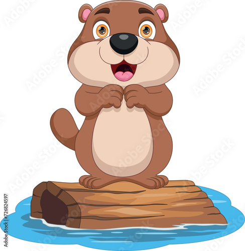 cute beaver standing on wooden log cartoon