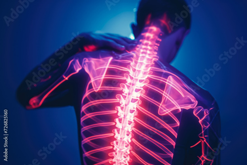 man holds his back with his hand, his spine is traced by neon light and looks like through an X-ray machine.