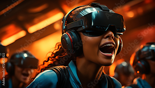 Young adults enjoying virtual reality simulator at a futuristic nightclub generated by AI