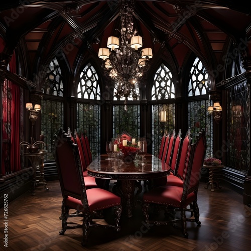 A dining room infused with Gothic revival aesthetics. Picture ornate furniture, dark wood finishes, and stained glass windows