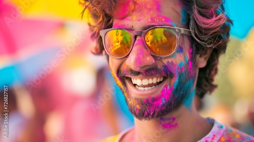 Smiling Man with Color-Splashed Sunglasses at Holi