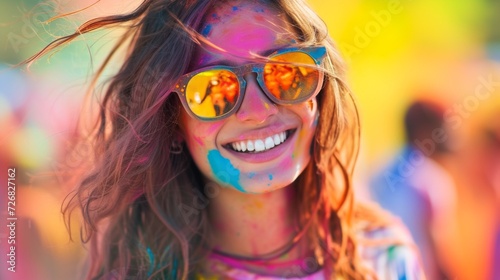 Woman with Joyful Smile Celebrating Holi in Sunglasses