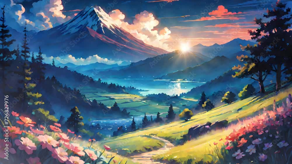 Digital Painting art landscape with mountains and morning view.  Seamless looping anime background. 