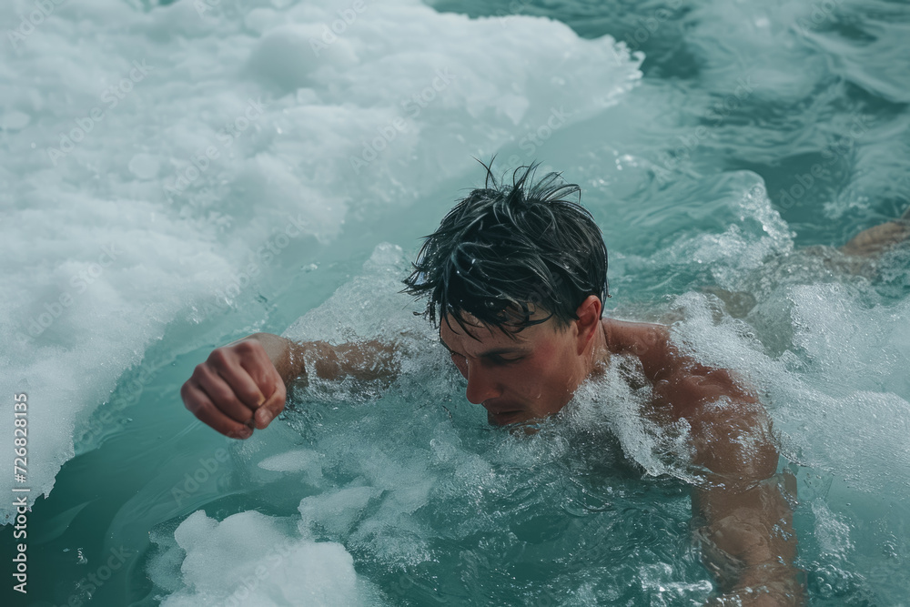 man trying to swim to the edge of the ice, with his arms growing tired